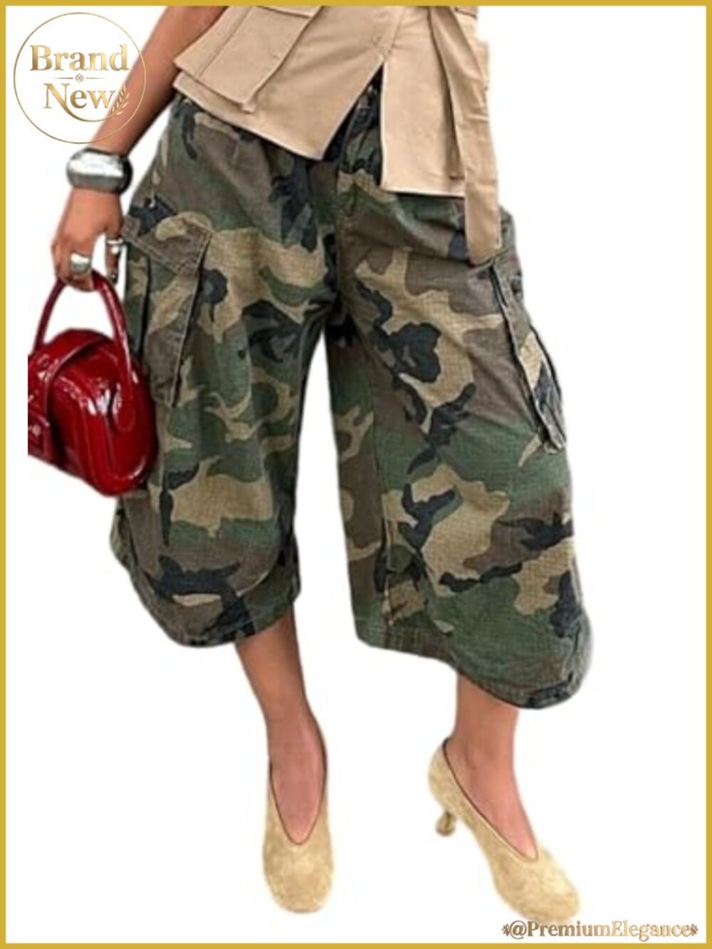 Women's High Waist Camo Cargo Capri Pants Baggy Wide Leg